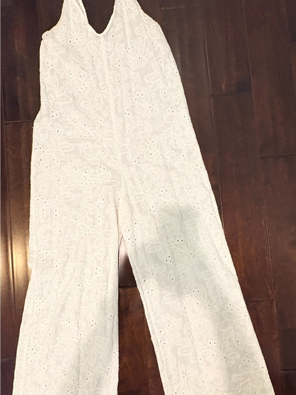 Zara White cotton Eyelet Wide-Leg Jumpsuit